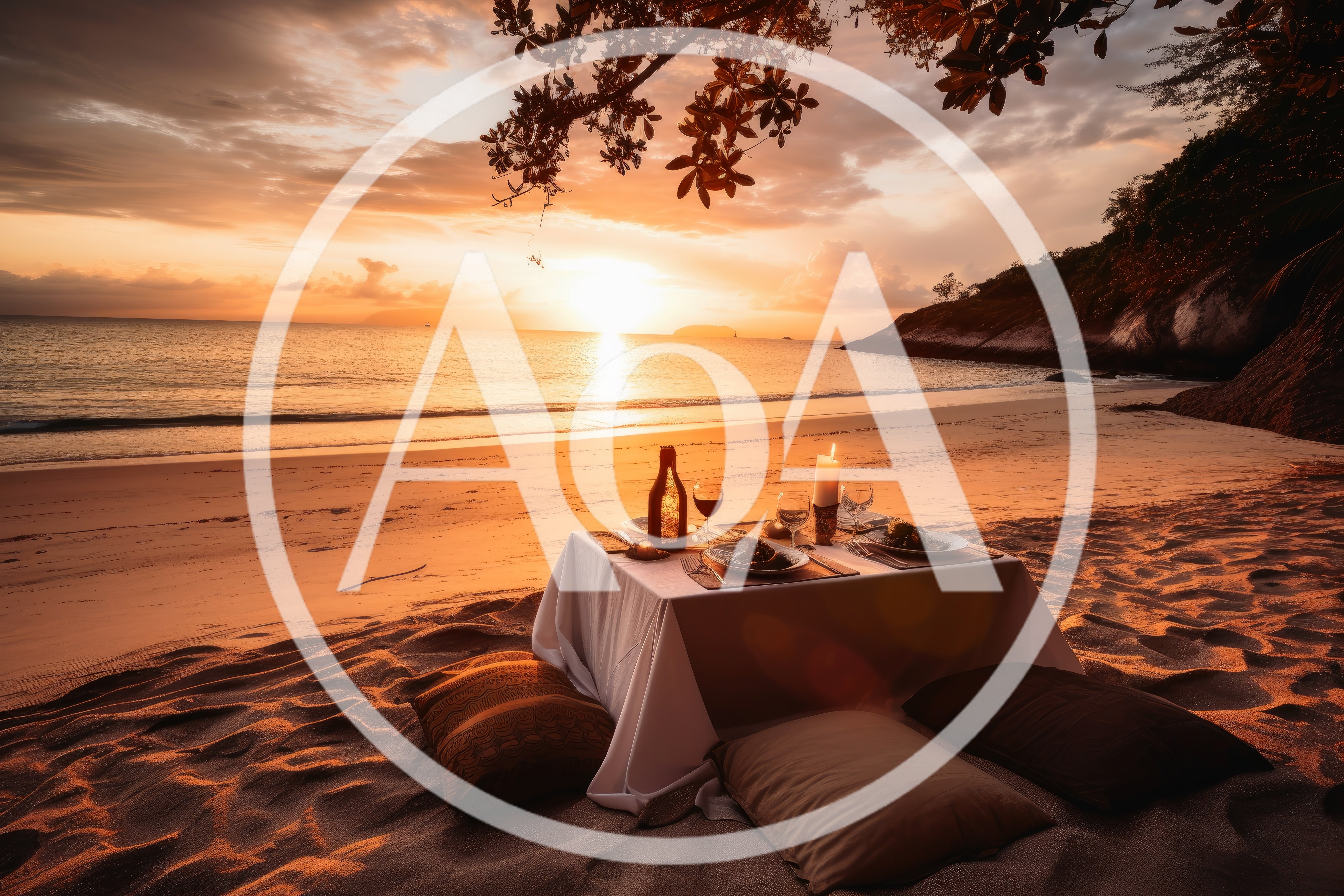 Romantic Beachside Dinner Setup At Sunset