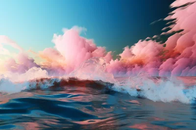 Surreal Ocean Wave With Pink Clouds At Sunset