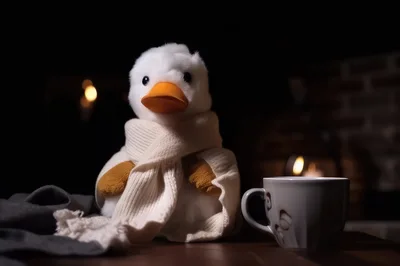 Plush Duck Toy Wearing A Scarf By A Fireplace