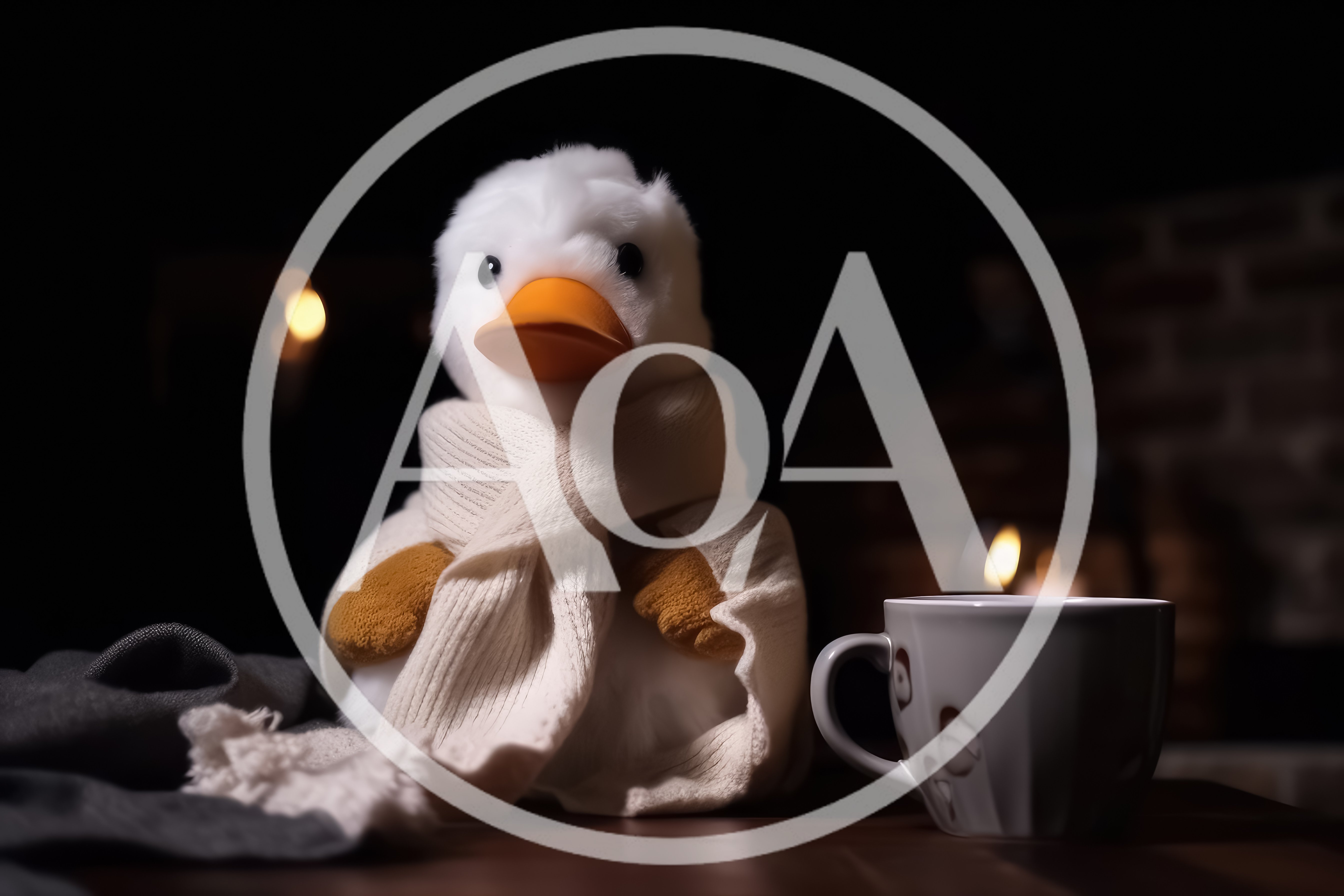 Plush Duck Toy Wearing A Scarf By A Fireplace