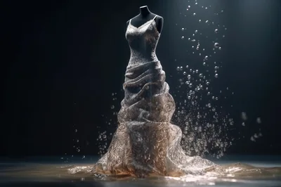Wedding Dress on Mannequin Surrounded by Water Splashes