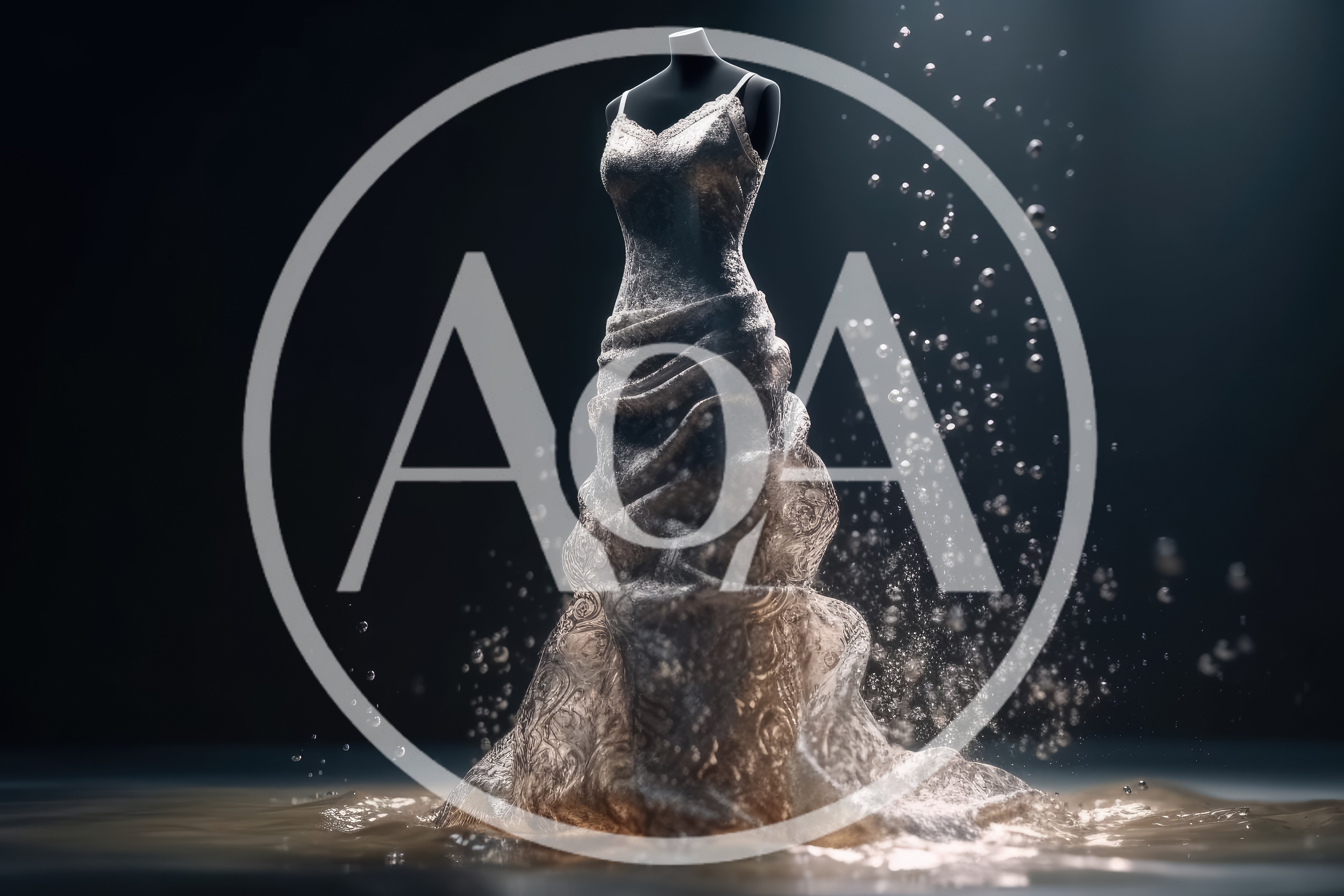 Wedding Dress on Mannequin Surrounded by Water Splashes