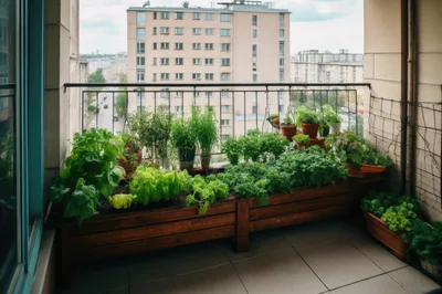 Urban Balcony Garden With Potted Herbs And Vegetables