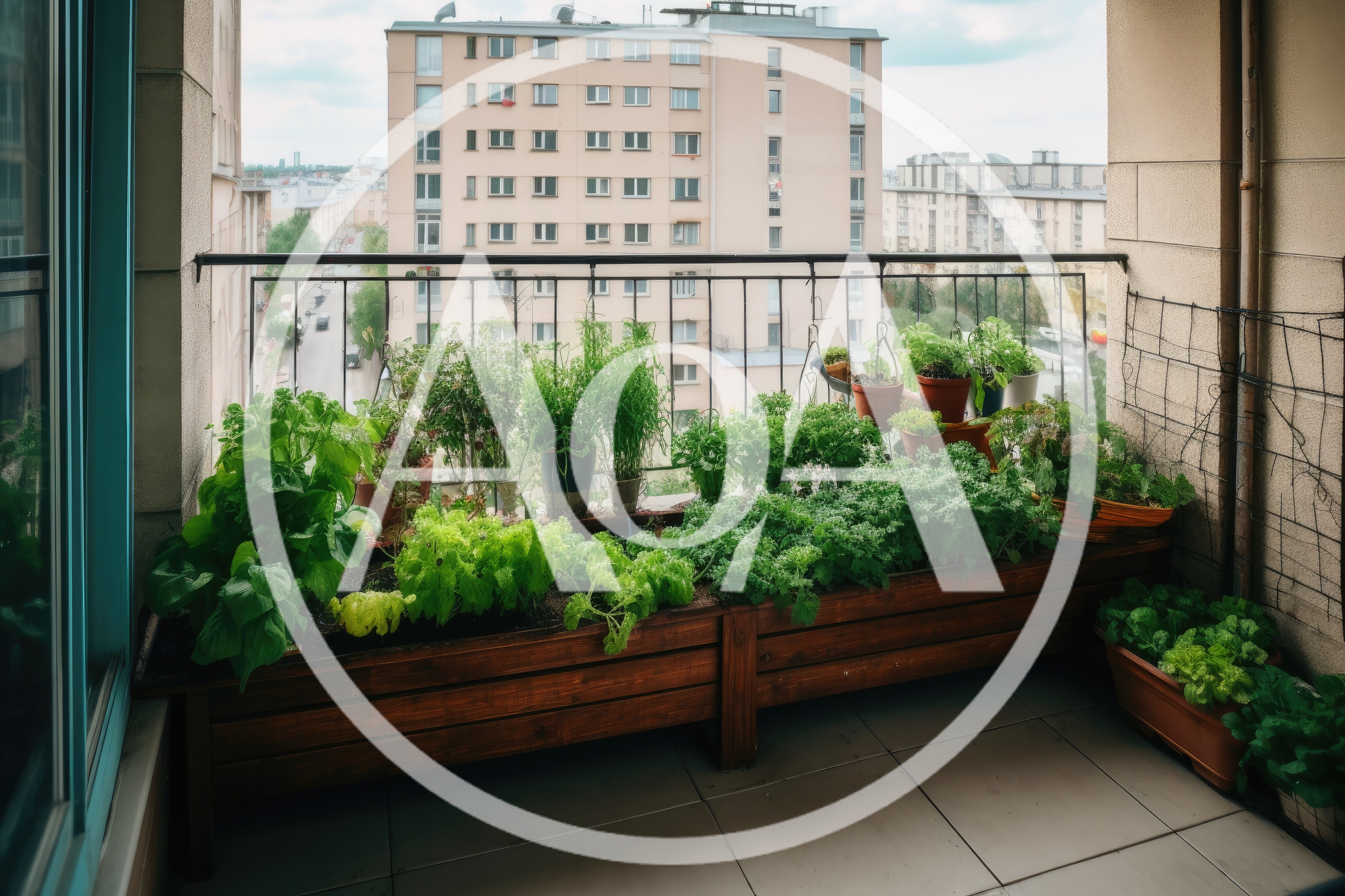 Urban Balcony Garden With Potted Herbs And Vegetables