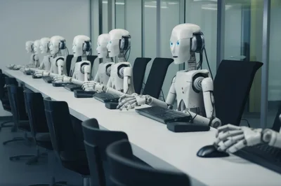 Row Of Humanoid Robots Working At Office Computers