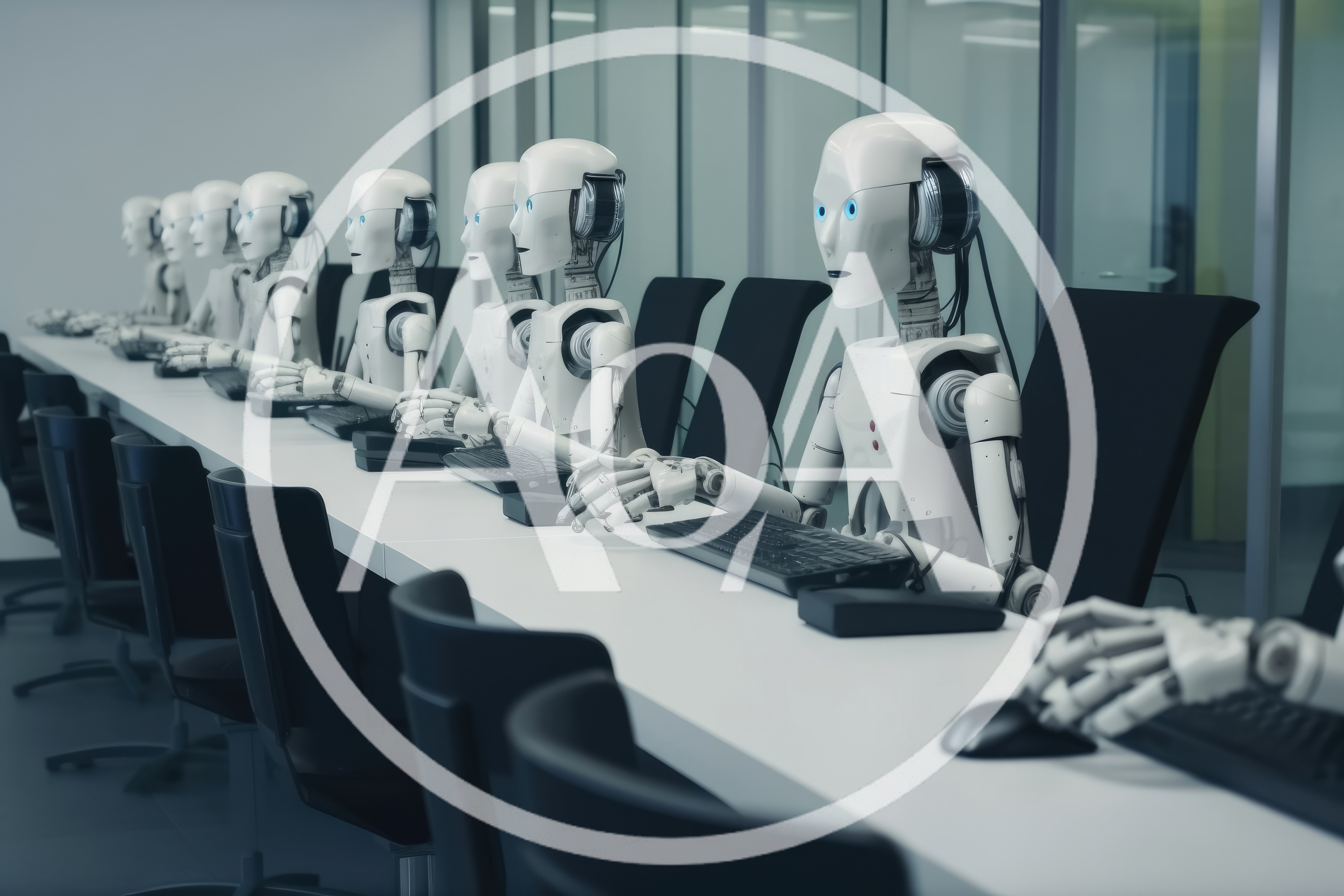 Row Of Humanoid Robots Working At Office Computers