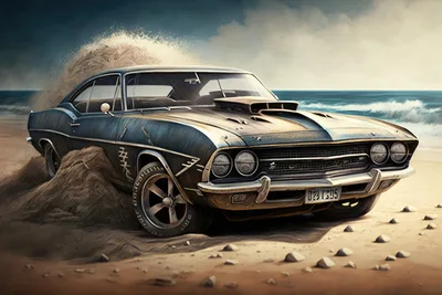 Vintage Muscle Car Stuck In Beach Sand
