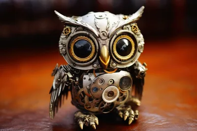 Steampunk Mechanical Owl Figurine On Wooden Surface
