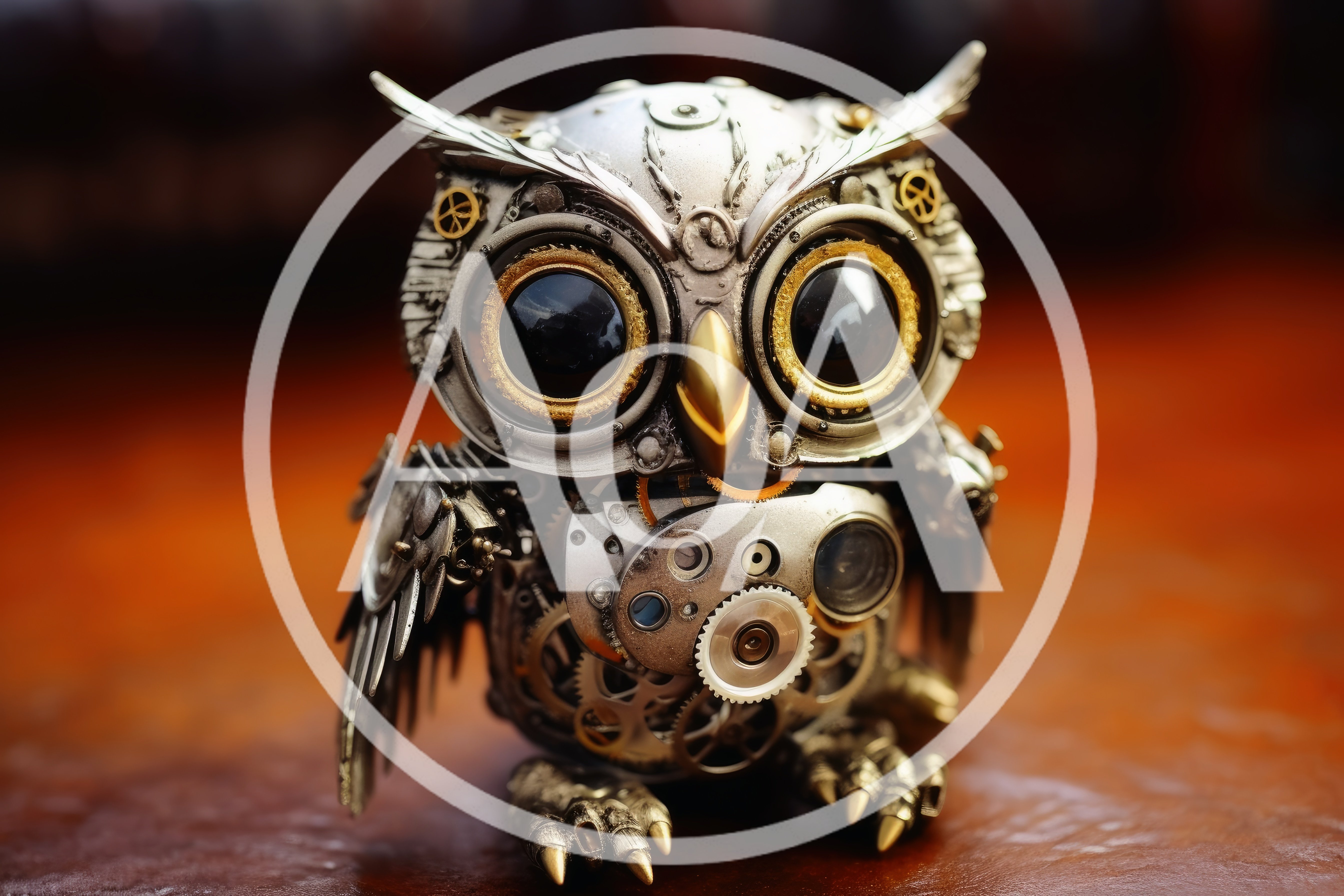 Steampunk Mechanical Owl Figurine On Wooden Surface