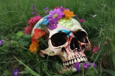 Decorated Human Skull With Colorful Flowers In Green Grass