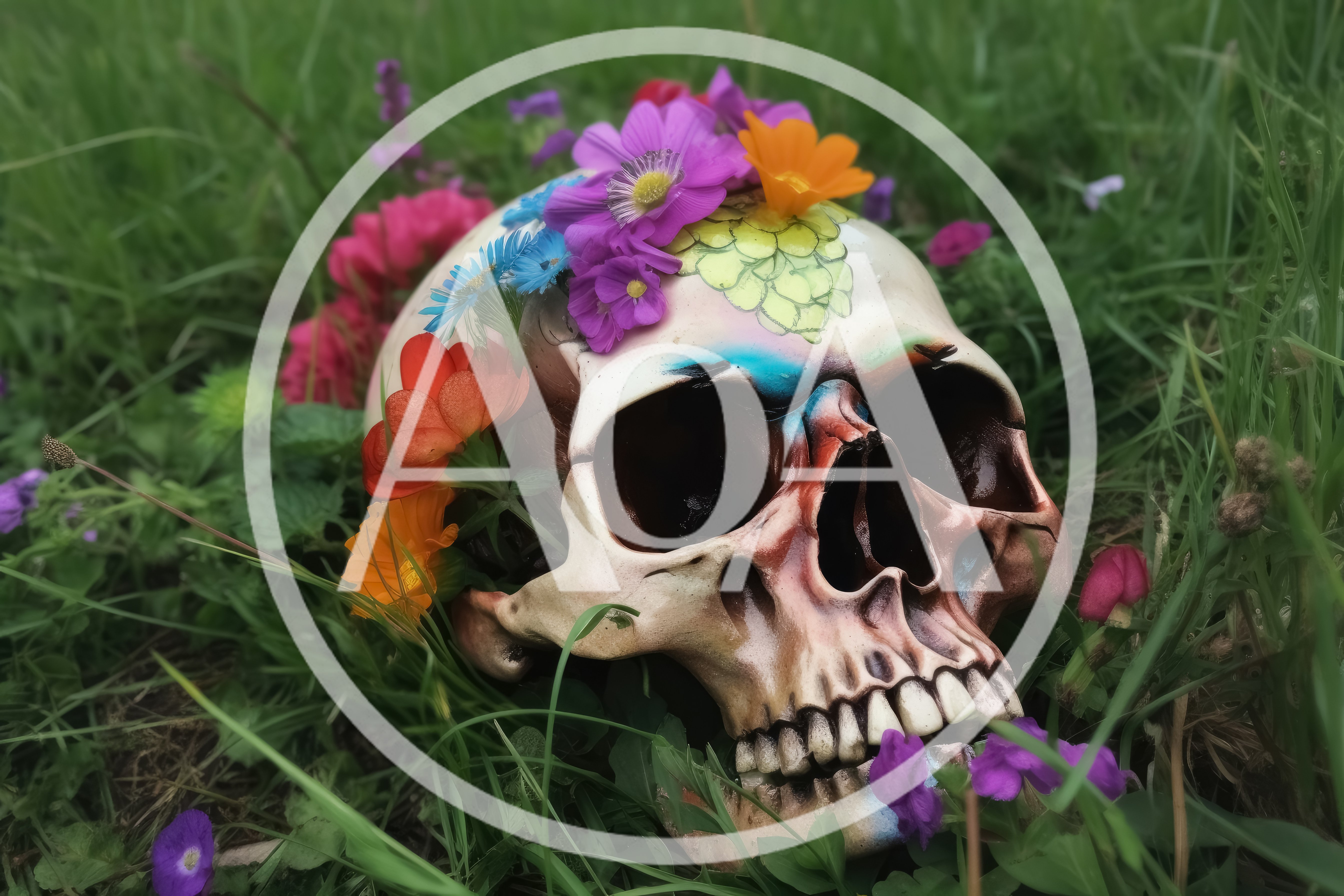 Decorated Human Skull With Colorful Flowers In Green Grass