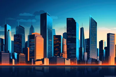Modern City Skyline At Sunset Digital Illustration