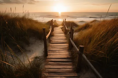 Wooden Boardwalk Leading To A Golden Sunset Beach