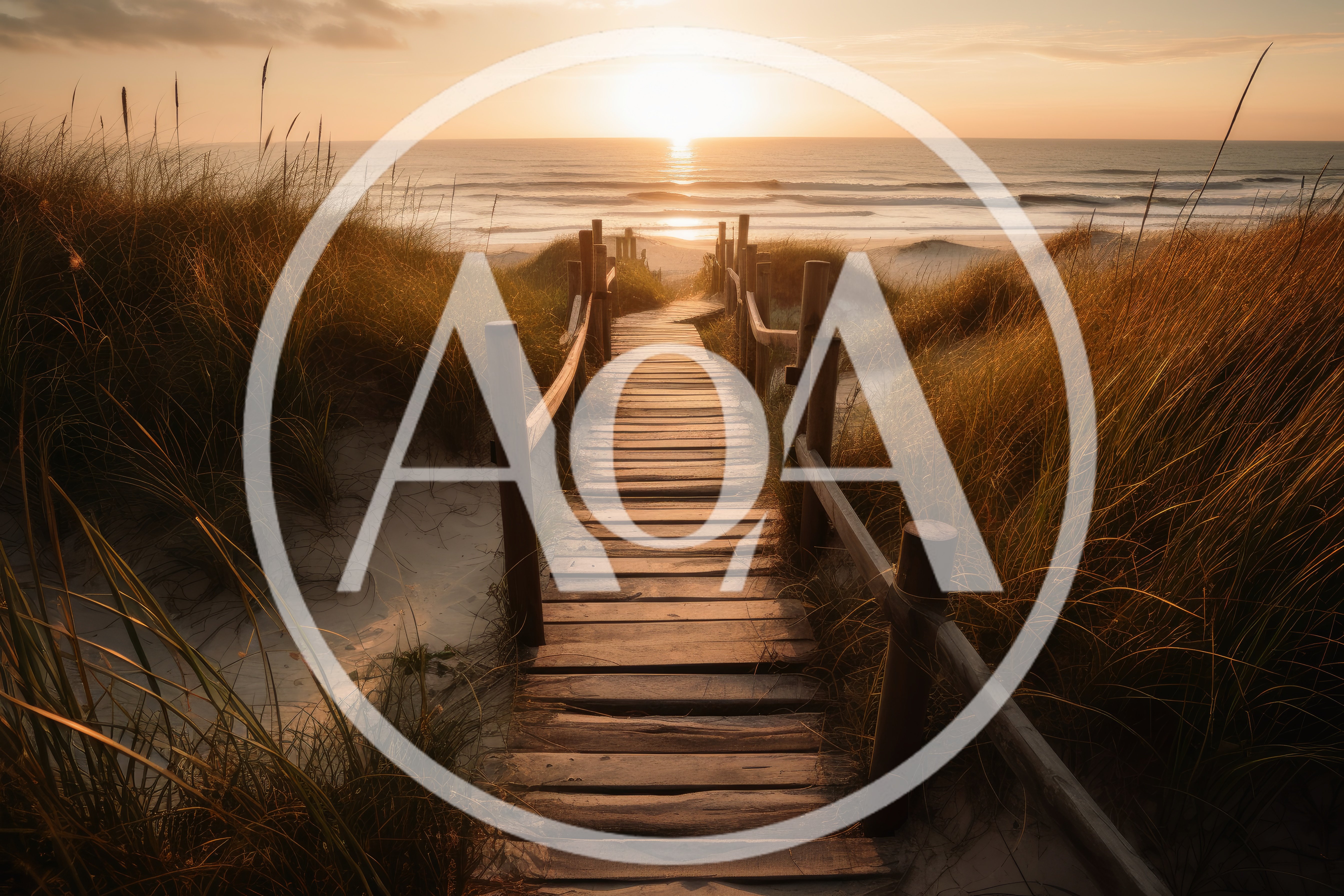 Wooden Boardwalk Leading To A Golden Sunset Beach