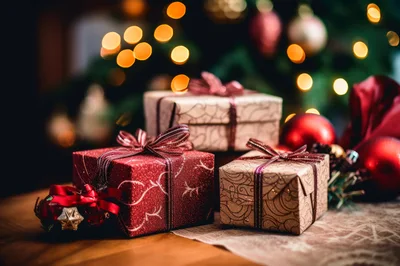 Christmas Gift Boxes With Ornaments On Wooden Table