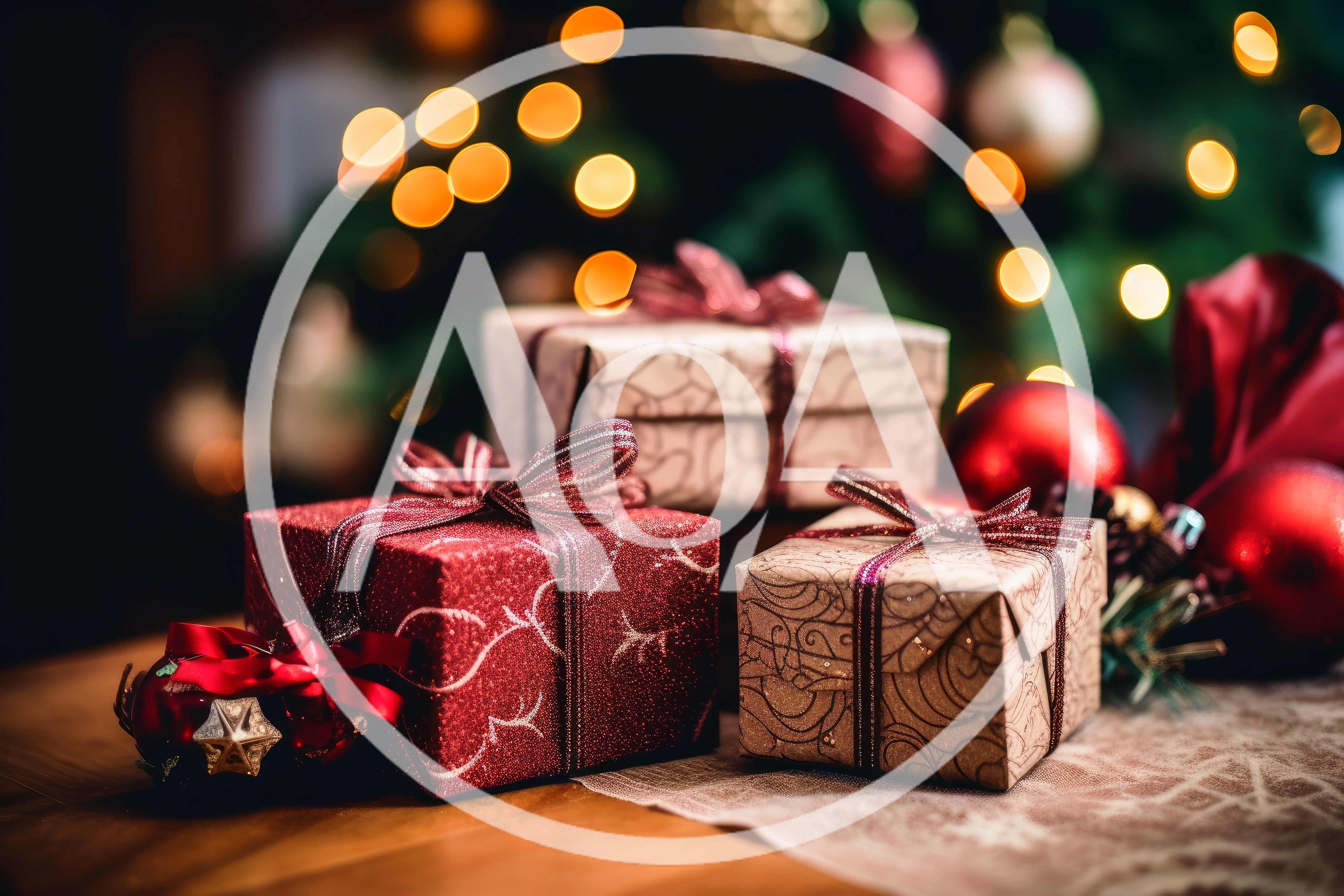 Christmas Gift Boxes With Ornaments On Wooden Table
