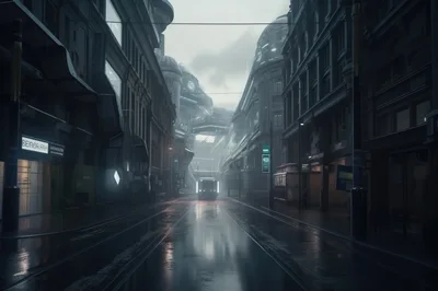 Futuristic City Street With A Moving Tram