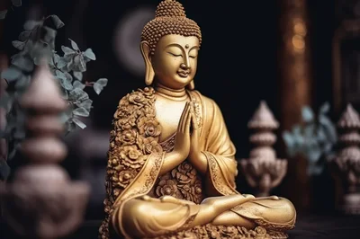 Golden Buddha Statue In Meditative Prayer Pose