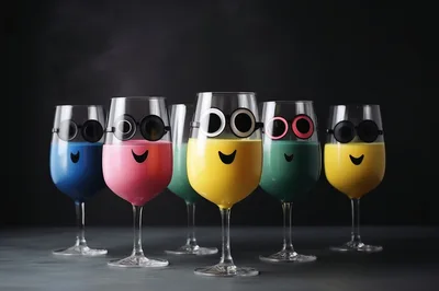 Colorful Wine Glasses With Cartoon Faces And Sunglasses