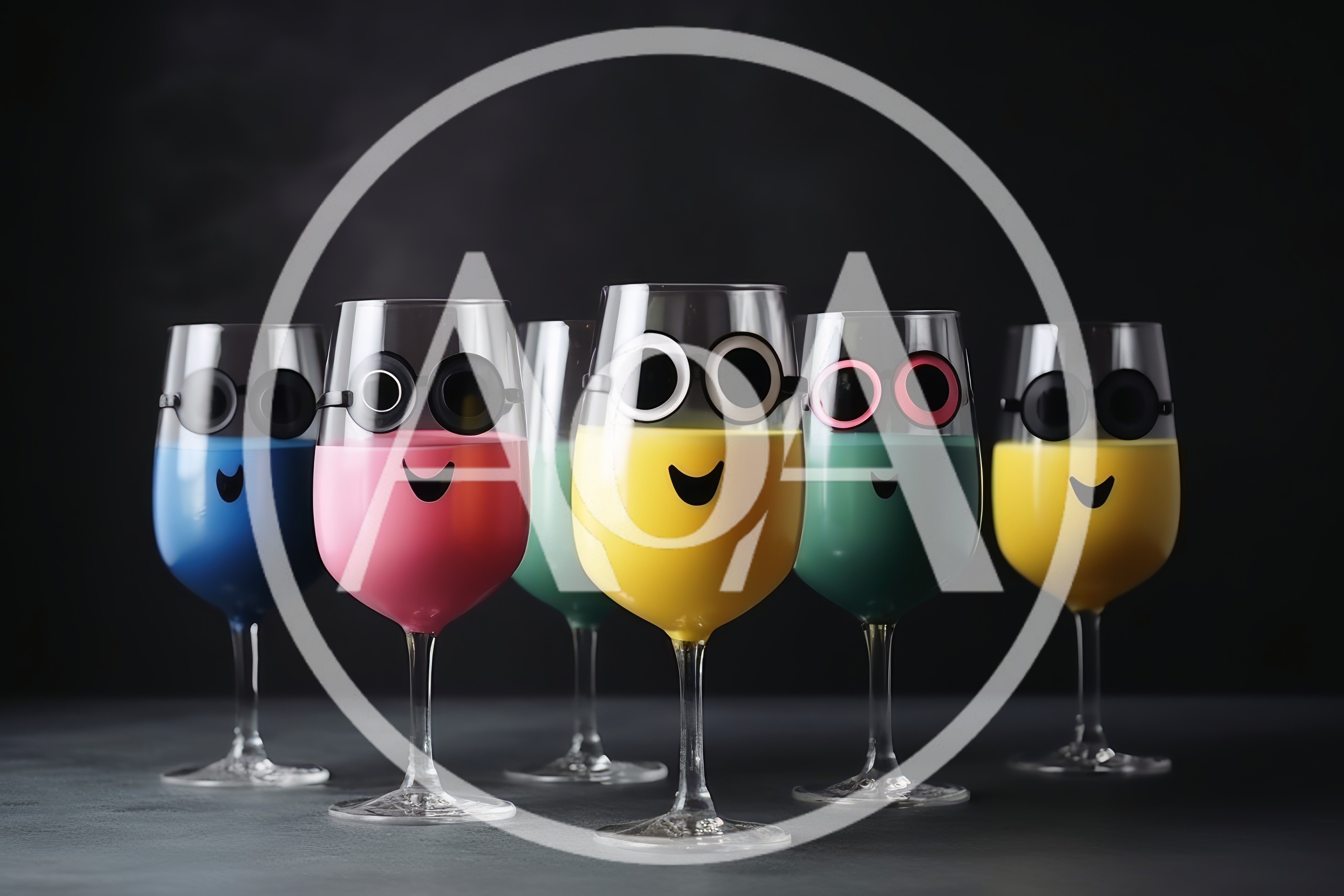Colorful Wine Glasses With Cartoon Faces And Sunglasses