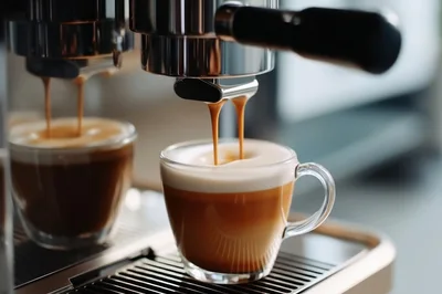 Espresso Machine Pouring Coffee Into Glass Cups