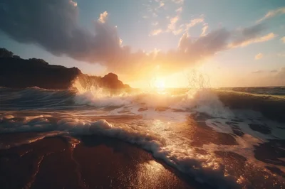Golden Sunset Waves Crashing On Tropical Beach Shore