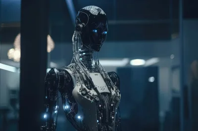 Futuristic Android Robot Standing In Modern Office Interior
