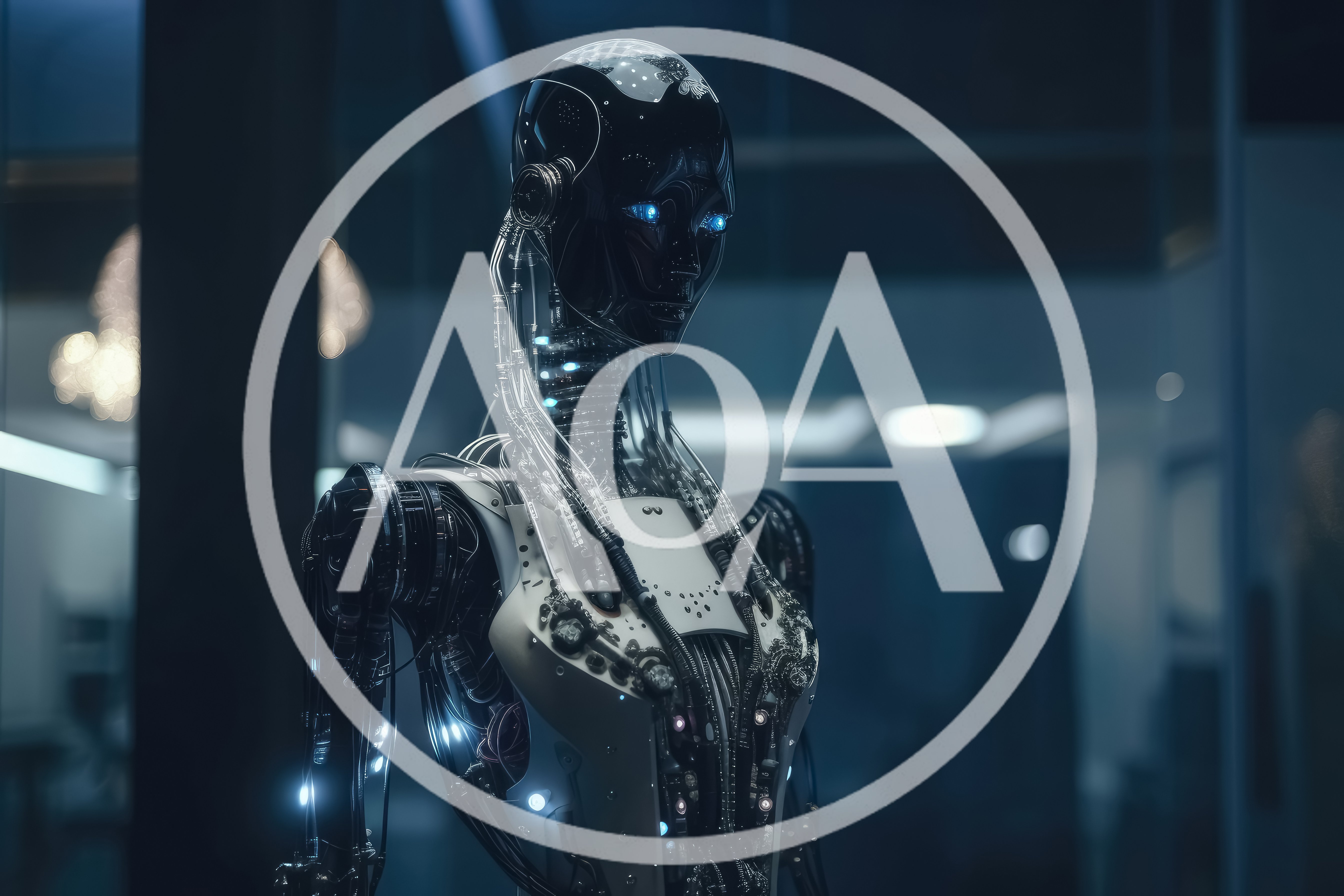 Futuristic Android Robot Standing In Modern Office Interior