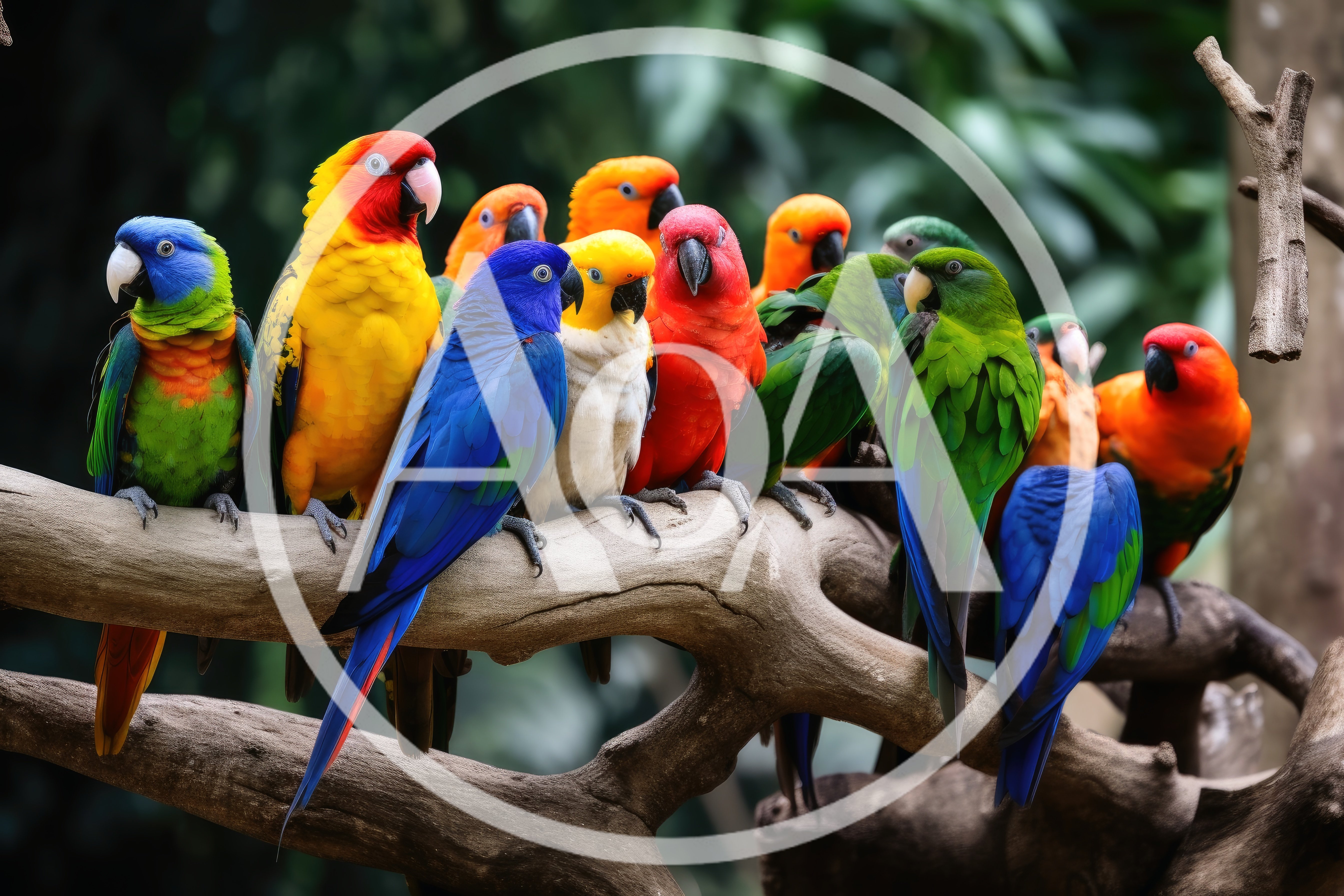 Group Of Colorful Tropical Parrots Perched On A Branch