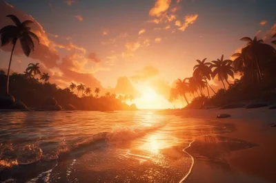 Tropical Beach Sunset With Palm Trees