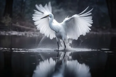 Snowy Egret Spreading Wings in Shallow Water