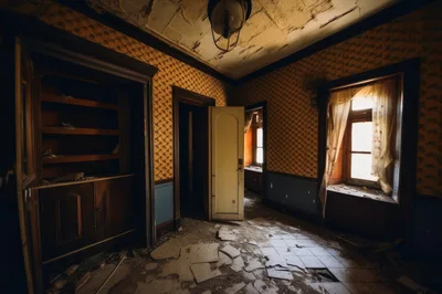 Abandoned Dilapidated Room With Peeling Wallpaper And Debris