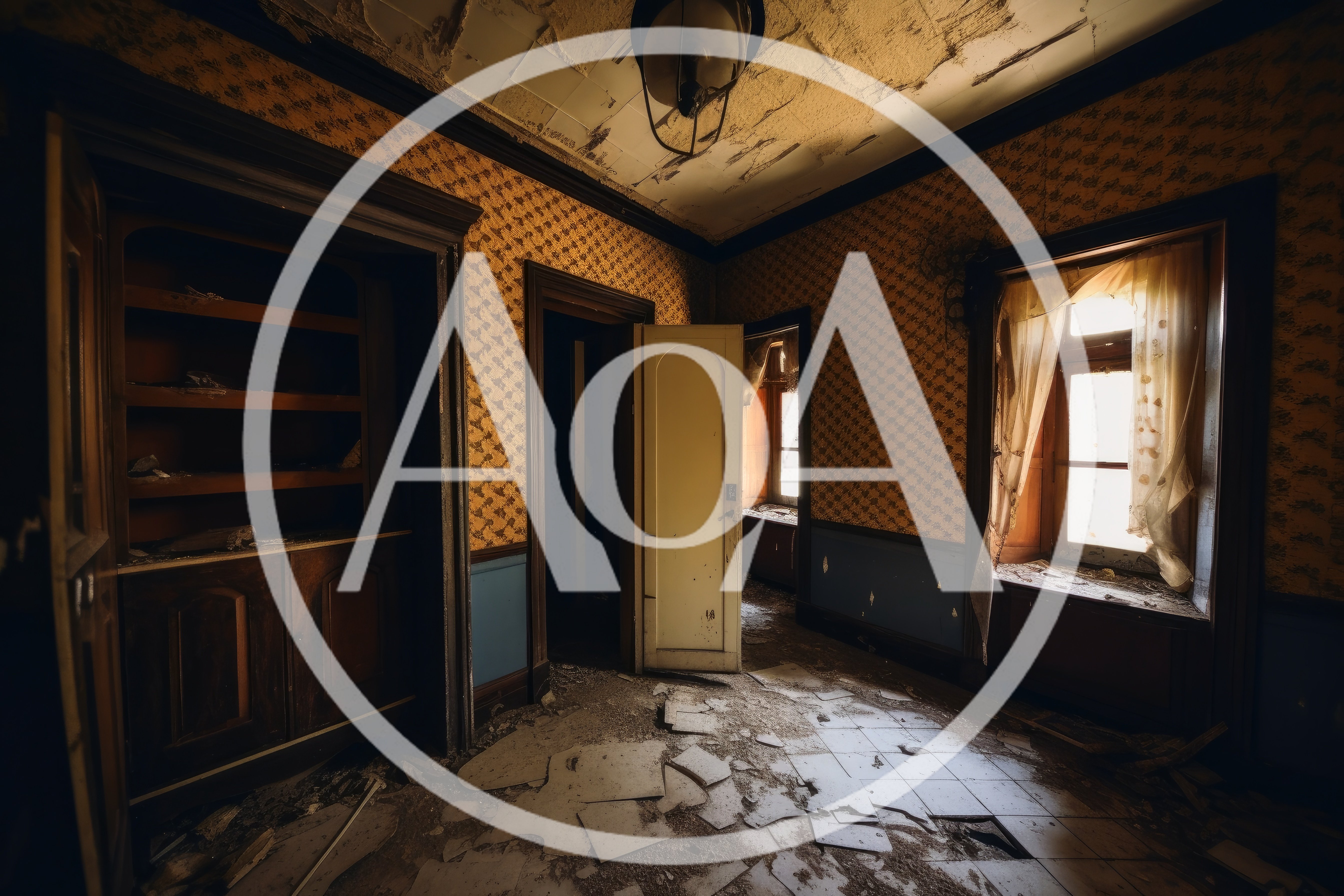 Abandoned Dilapidated Room With Peeling Wallpaper And Debris