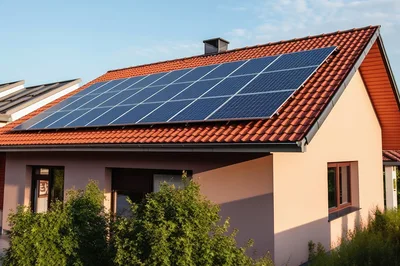 Residential House With Solar Panels On Tiled Roof