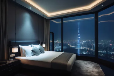 Luxury Hotel Bedroom Overlooking Illuminated City Skyline