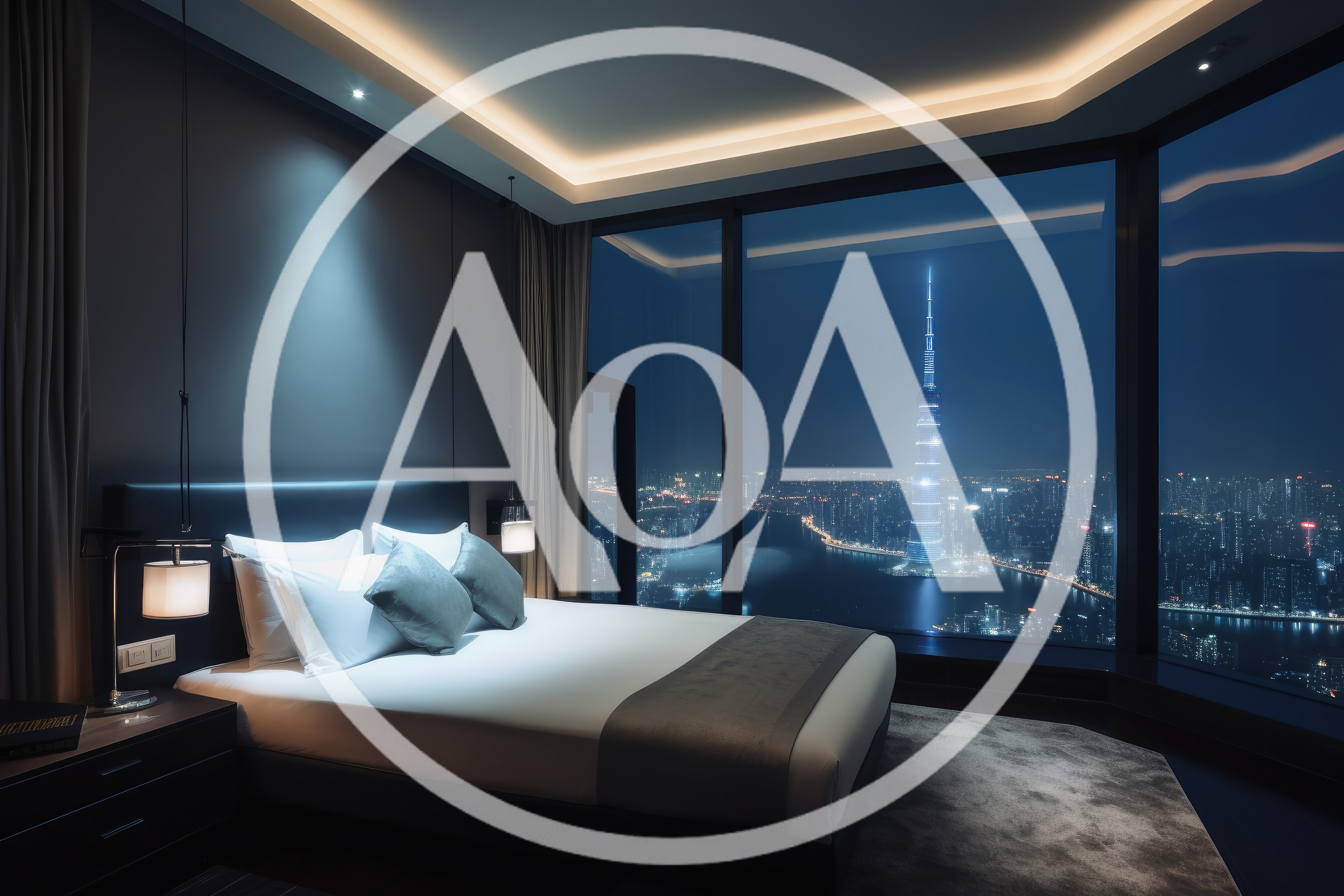 Luxury Hotel Bedroom Overlooking Illuminated City Skyline