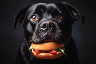 Black Dog Holding A Hamburger In Its Mouth
