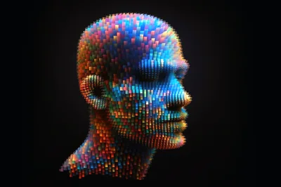 Digital Human Head Composed Of Colorful Data Pixels