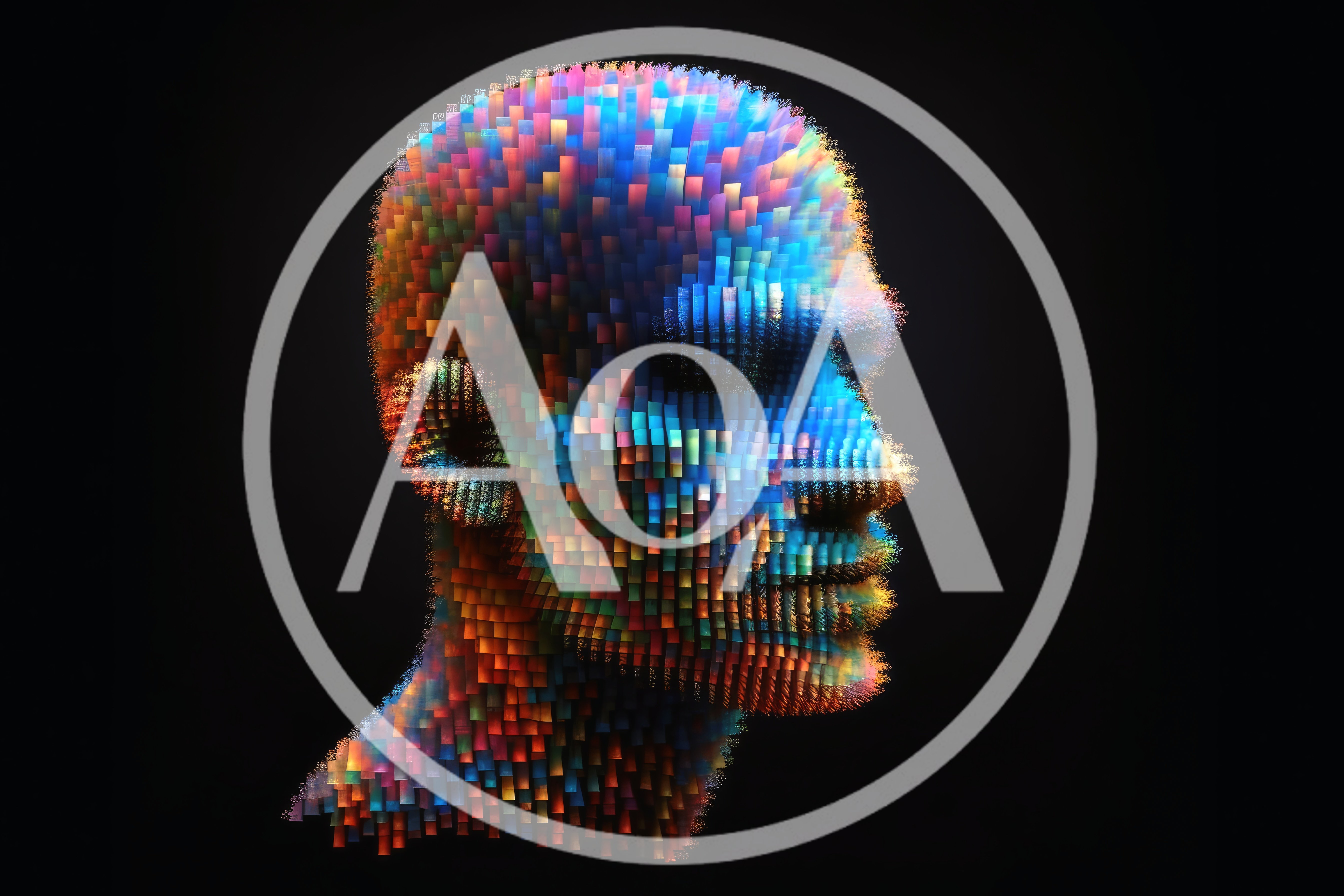 Digital Human Head Composed Of Colorful Data Pixels