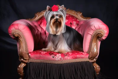Yorkshire Terrier Sitting on an Ornate Pink Armchair