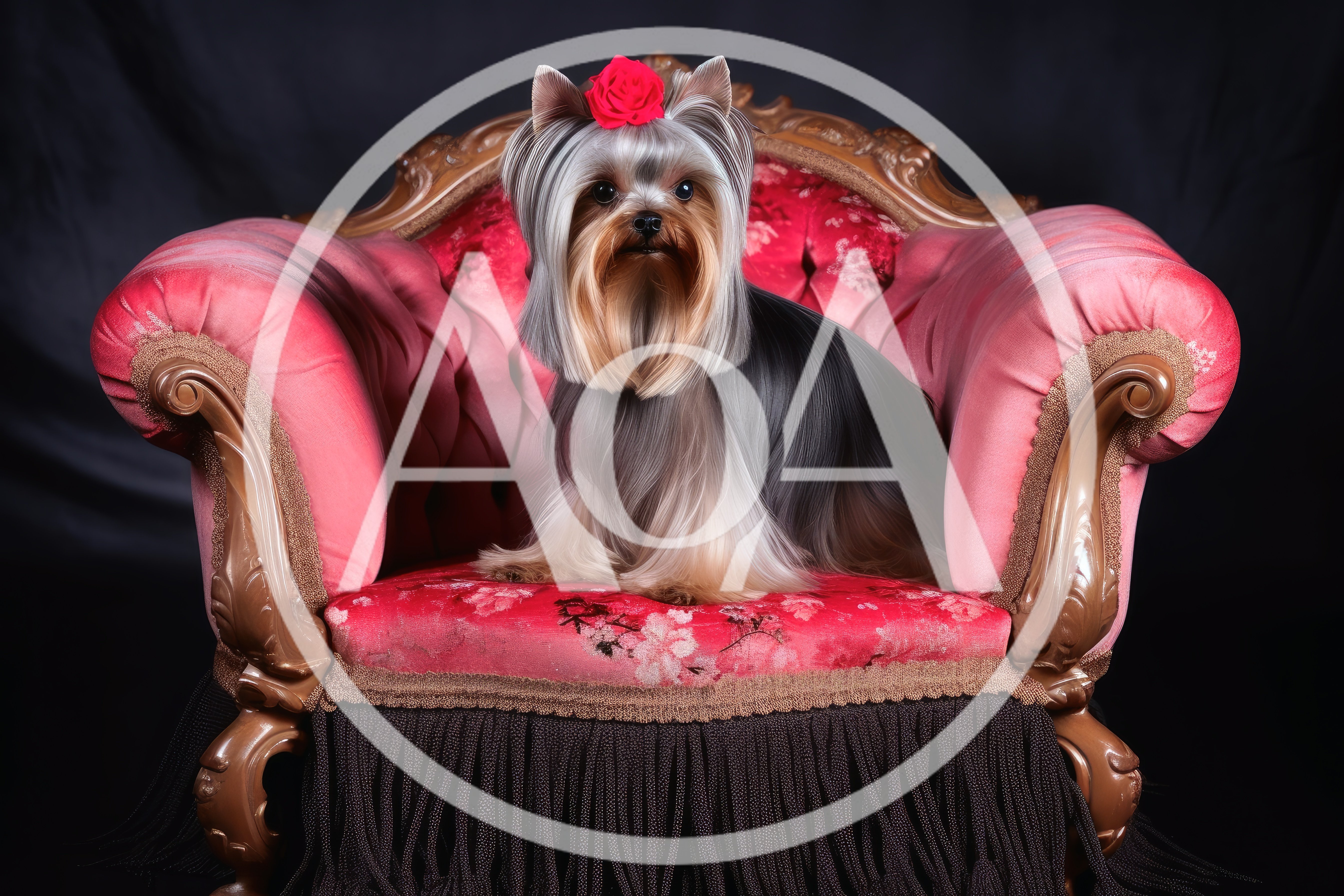 Yorkshire Terrier Sitting on an Ornate Pink Armchair