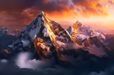 Majestic Snow Capped Mountain Peaks At Sunset