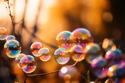 Floating Iridescent Soap Bubbles Against Warm Sunset Background
