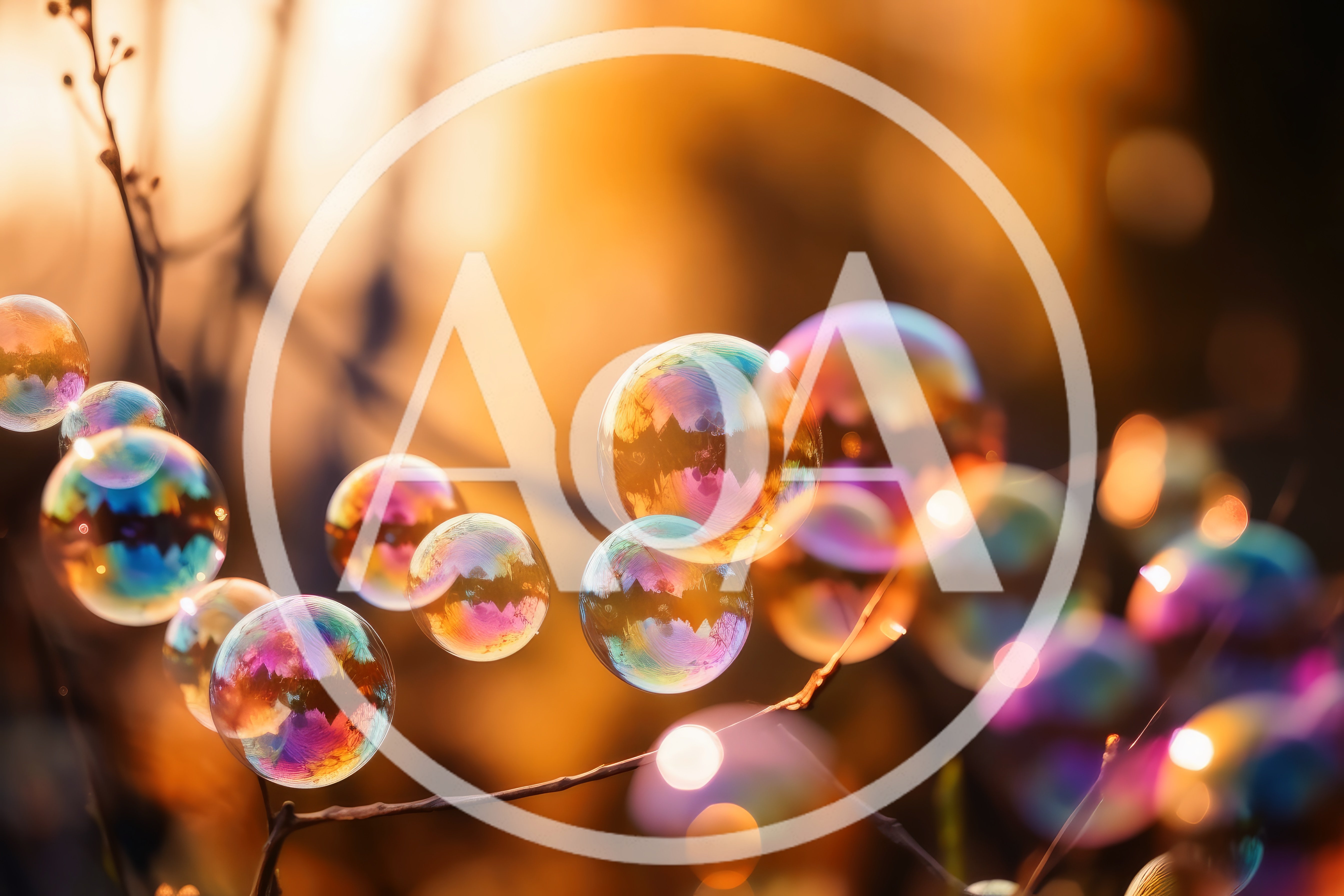 Floating Iridescent Soap Bubbles Against Warm Sunset Background