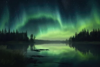 Vibrant Aurora Borealis Over A Calm Forest Lake