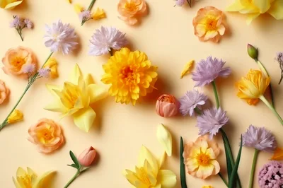 Spring Floral Flat Lay With Yellow And Purple Flowers