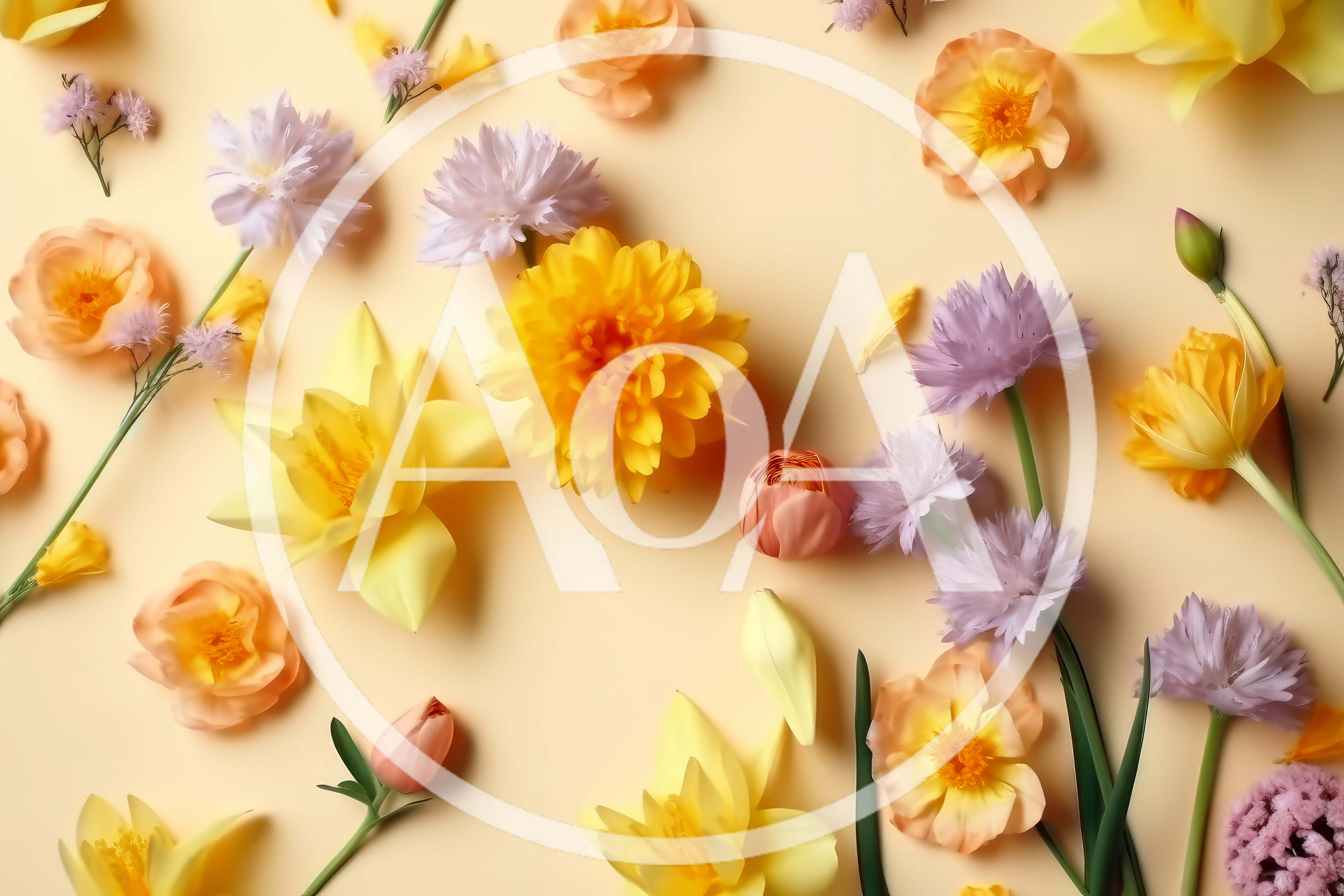 Spring Floral Flat Lay With Yellow And Purple Flowers