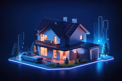 Modern Smart Home With Solar Panels And Electric Vehicle