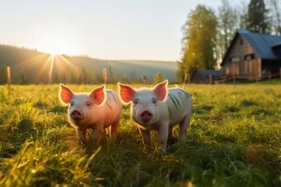 Two Cute Piglets Standing In A Sunny Meadow