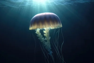 Glowing Jellyfish Swimming In Deep Ocean Waters